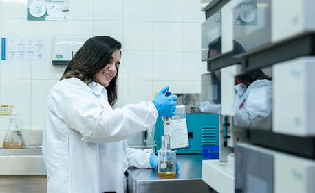 Marybel Montoya Alvarez, selected as part of UNICEF Innovation30 initiative, working in her lab on her fungi-based answer to industrial pollution.