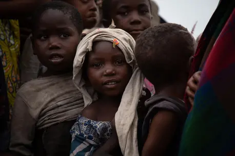 On June 1, 2024, children gather at the Bulengo site for internally displaced people in Goma, eastern Democratic Republic of the Congo.