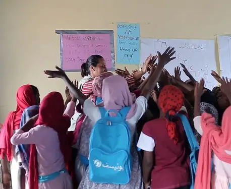 Children play and learn at a UNICEF child-friendly space in Gedaref, Sudan.