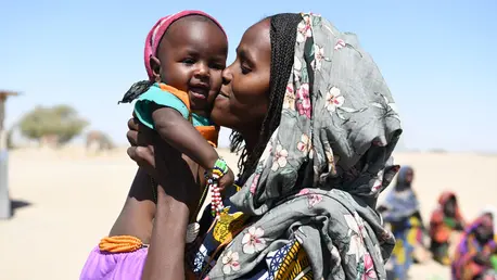 Zenaba Oumar, a 35 years old displaced woman is cuddling her baby at the site of Amma IDP, near Liwa, in the West of Chad.