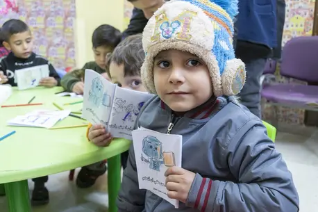 Ghaith, 6, attends a psychosocial support session at a UNICEF-supported child protection center in Aleppo city, Syria.