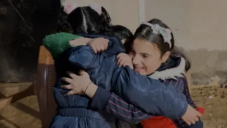 Sisters Lama, 11, and Sama, 12, hug their mother during a tearful reunion arranged by UNICEF following a year-long separation in the Gaza Strip.