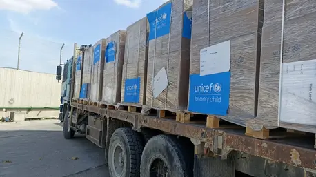 On Jan. 19, 2025, UNICEF trucks loaded with water, hygiene kits, and nutrition items enter the Gaza Strip in the State of Palestine via the Kerem Shalom crossing point.