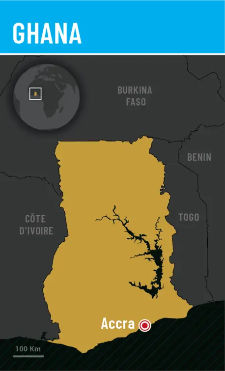 A map showing location of the country Ghana in West Africa.