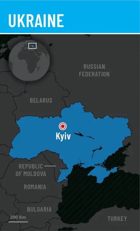 A regional map showing the location of the country of Ukraine.