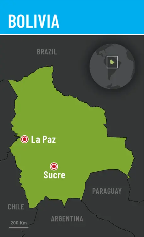A map showing the location of the country of Bolivia.