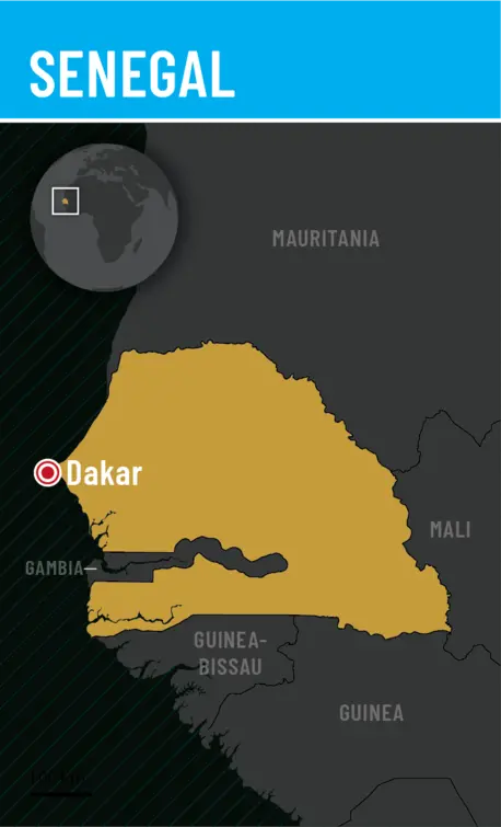 A map showing the location of the West African country of Senegal.