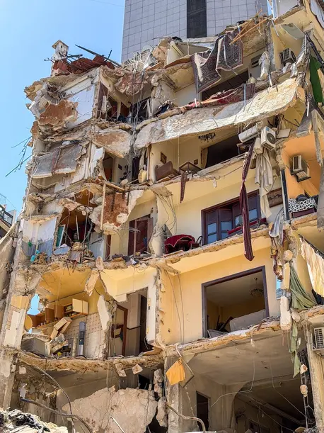 On April 9, 2026, a building destroyed by an Israeli air strike in the Ain El Mreisseh neighborhood in Beirut.