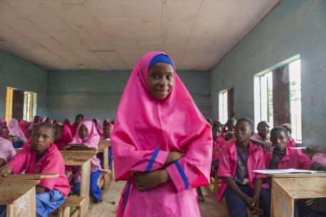 Nailatu Al-Quasm, 12, stands in her classroom at the UNICEF-supported Gyezmo primary school in the town of Toro, Nigeria.