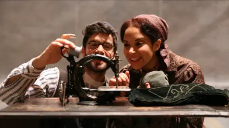 Two People Using Vintage Machine