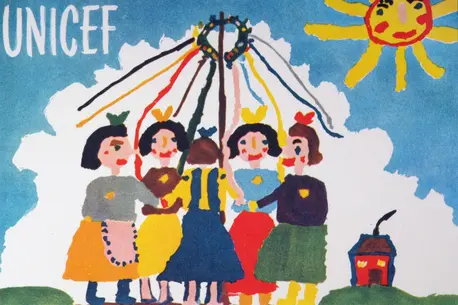A painting by seven-year-old Jitka Samkova of Czechoslovakia was reproduced on the first UNICEF greeting card.