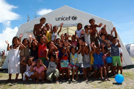 Children Gather in Front of UNICEF Tent