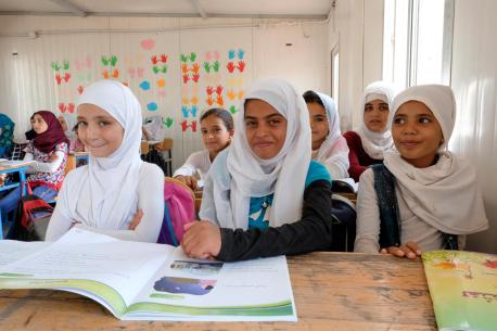 On 11 September 2017, Syrian refugee students in the fourth grade smile during a visit by UNICEF Goodwill Ambassador Priyanka Chopra to their school in Za’atari refugee camp, Mafraq Governorate, Jordan.