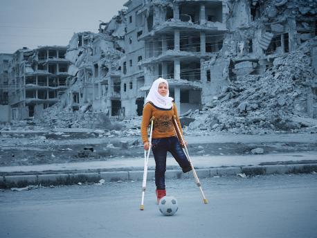 Injured during a bomb attack in Syria's civil war, Saja dreams of one day taking part in the Special Olympics. She practices doing aerial flips every day in her tiny apartment. “I love playing football. When I play football, I don’t feel like I’ve lost an