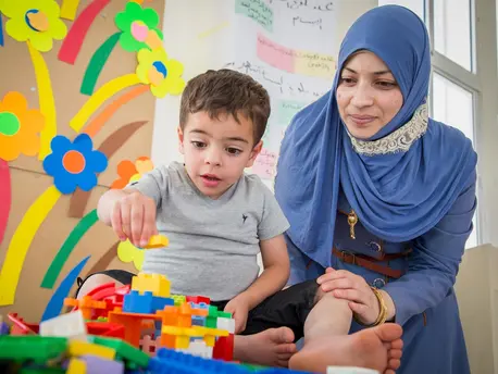 Taym, age 4, plays in a UNICEF-supported Makani (“My Space”) Center (for early childhood development and social protection) in Jordan. Close to 150,000 children are registered in 235 such in Jordan. 52% of all children in the program are Syrian refugees.