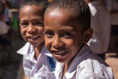 These school children in Timor-Leste benefit from UNICEF-supported education, health, nutrition and immunization initiatives, as UNICEF helps implement comprehensive progress toward SDGs for children