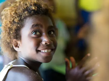 Munei, 4, attends the UNICEF-supported Katselolo Early Childhood Development Center in Bougainville, Papua New Guinea. unicef, unicef usa, alex and ani, papua new guinea, early childhood development, teacher training