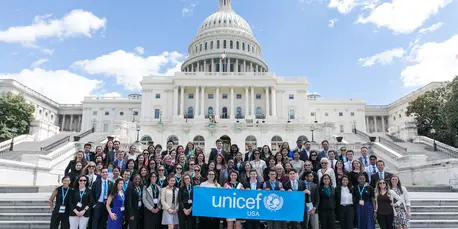 During a busy schedule packed with 176 meetings, UNICEF USA advocates took a moment to gather outside the Capitol Building in April 2017. During a busy schedule packed with 176 meetings, UNICEF USA advocates took a moment to gather outside the Capitol Building in April 2017.