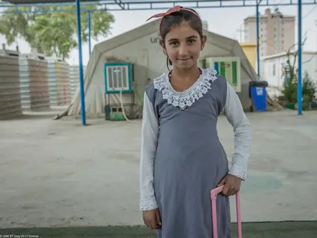 Originally from Bashiqa, Iraq, outside Mosul, 12-year-old Sakina and her family live in the Harsham refugee camp outside Erbil in northern Iraq. October 2017. Originally from Bashiqa, Iraq, outside Mosul, 12-year-old Sakina and her family live in the Harsham refugee camp outside Erbil in northern Iraq. October 2017.