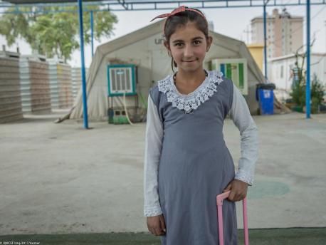Originally from Bashiqa, Iraq, outside Mosul, 12-year-old Sakina and her family live in the Harsham refugee camp outside Erbil in northern Iraq. October 2017.
