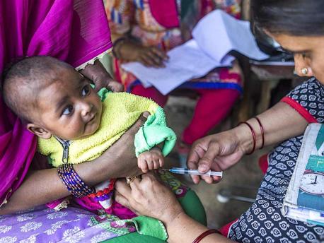 A baby gets vaccinated in Vijaynagar Ghaziabad, India.