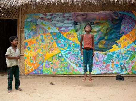 unicef, unicef usa, bangladesh, rohingya refugee children, art therapy, mural painting