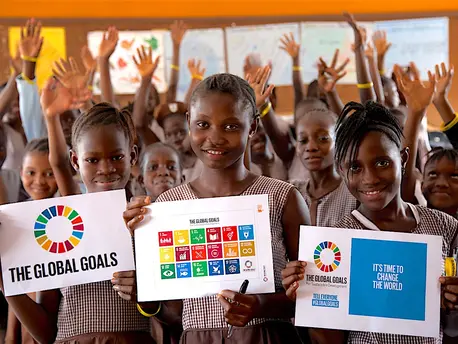 Students at a girls primary school in Sierra Leone’s capital Freetown pictured after their lesson on the Sustainable Development Goals 2030.