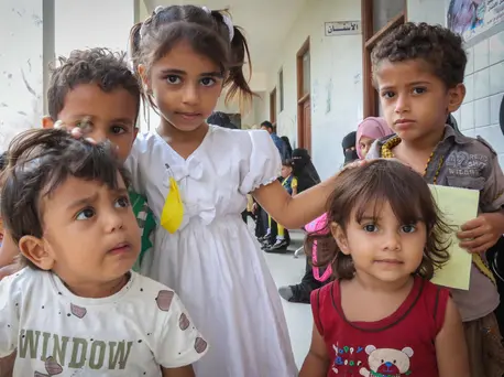On December 4, 2018, children wait to receive health services at the UNICEF-supported Hashed PolyClinic in Aden, Yemen. UNICEF, Yemen, children in conflict