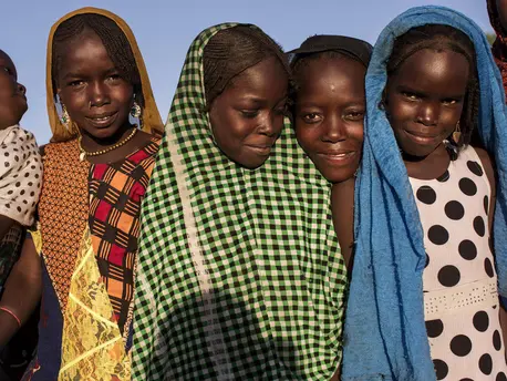 Girls in the village of Yakoua, Chad, after a community awareness session with Youssouf Mbodou Mbami, the chief of the canton of Bol, in October 2018.. UNICEF, Chad, Yakoua