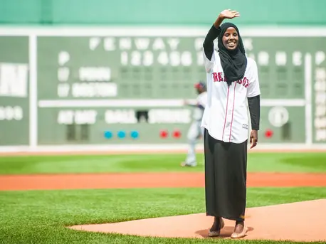 Somali-American college student and model Hamdia Ahmed threw out the first pitch at a Boston Red Sox game in July 2018. unicef, immigration, south sudan, kenyan refugee camp, keeping families together