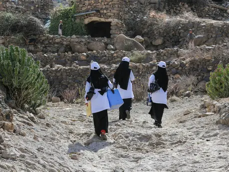 Health workers in Yemen climb mountains to vaccinate children in remote villages. Health workers in Yemen climb mountains to vaccinate children in remote villages.