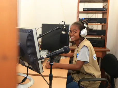 Christella, 16, is a member of the UNICEF-sponsored Junior Reporters Club in Tôlanaro, Madagascar. Christella, 16, is a member of the UNICEF-sponsored Junior Reporters Club in Tôlanaro, Madagascar.