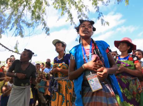 UNICEF-trained Mother Leaders sing an educational song during a celebration in Tanandava, Madagascar in 2019.