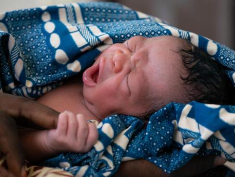 Baby girl Harira, two hours old, was born safely in the UNICEF-supported Nana As’mau clinic in Yola, Nigeria in October 2018.