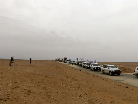 On February 6, 2018, a humanitarian convoy traveling from Damascus neared Rukban makeshift settlement in Syria. On February 6, 2018, a humanitarian convoy traveling from Damascus neared Rukban makeshift settlement in Syria.