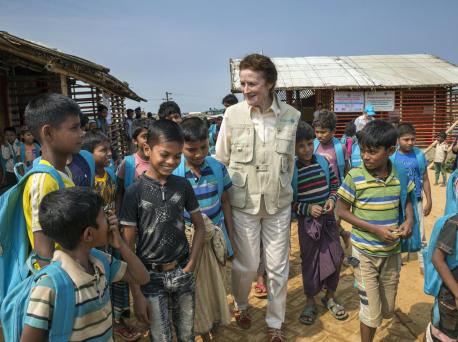 On February 25, 2019 in Bangladesh, UNICEF Executive Director Henrietta Fore joined a group of Rohingya children outside a learning center in the Kutupalong-Balukhali refugee camp in the Cox's Bazar district.