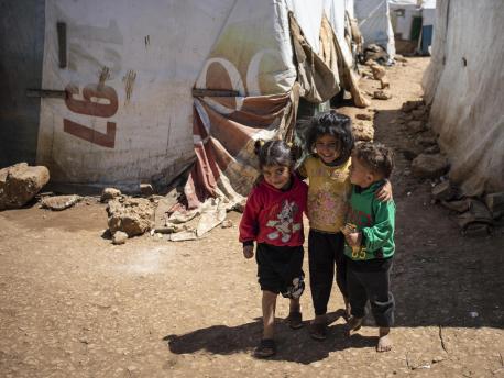 Syrian refugee children are pictured in an informal settlement near Terbol in the Bekaa Valley, Lebanon.