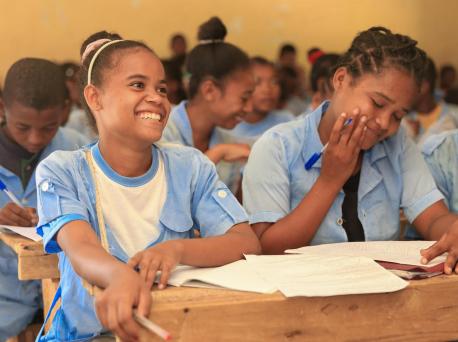 Students in Amboasary, Madagascar participate in a life skills training supported by UNICEF's Let Us Learn initiative. 
