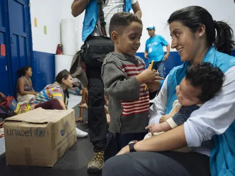 On April 24, 2019 in Cucuta, Colombia, UNICEF Communication for Development specialist Andrea de la Torre talks to children who recently arrived from Venezuela. On April 24, 2019 in Cucuta, Colombia, UNICEF Communication for Development specialist Andrea de la Torre talks to children who recently arrived from Venezuela.