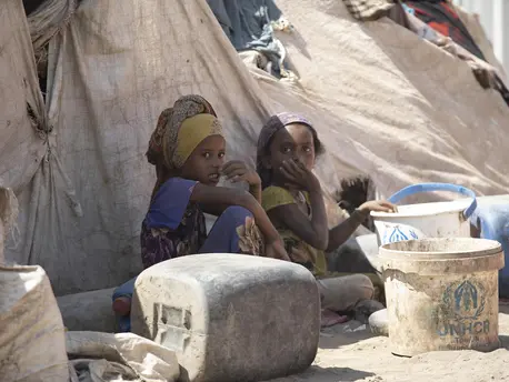 Children sit outside their tent at Al-Meshqafah camp for displaced persons in Lahj governate, southern Yemen, in February 2019. Children sit outside their tent at Al-Meshqafah camp for displaced persons in Lahj governate, southern Yemen, in February 2019.