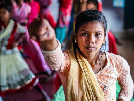 Adolescent girls attend Karate class as part of a UNICEF-supported girls' empowerment program in the village of Madanpur, Jharkand, India in December 2016. Adolescent girls attend Karate class as part of a UNICEF-supported girls' empowerment program in the village of Madanpur, Jharkand, India in December 2016.