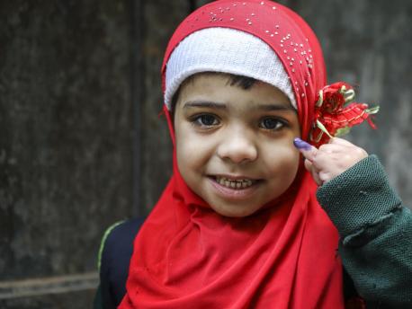 In January 2019, Aneesa, 5, shows the ink mark on her little finger that confirms she has received her polio vaccine from a UNICEF-supported vaccinator in the Bhatti gate area of Lahore Punjab Province, Pakistan. 