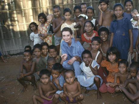 UNICEF Goodwill Ambassador Audrey Hepburn visited children at their school in Bangladesh in 1989.
