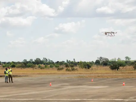 A UNICEF-supported medical supply delivery drone takes off from the Kasungu airstrip in central Malawi in 2019. A UNICEF-supported medical supply delivery drone takes off from the Kasungu airstrip in central Malawi in 2019.