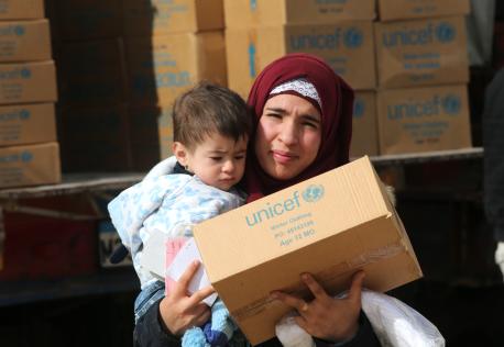 Woman and Child with a UNICEF Box