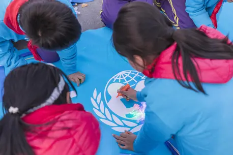 Children from Beijing write down their wishes to share with peers around the world at the Olympic Park in Beijing, China, on 20 November 2019. Children from Beijing write down their wishes to share with peers around the world at the Olympic Park in Beijing, China, on 20 November 2019.