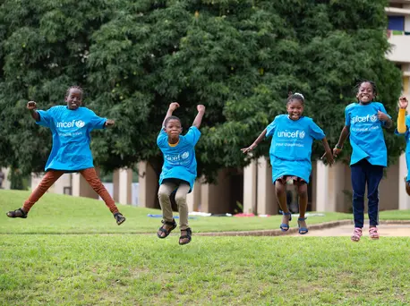Koumba, Jean Uriel, Mariam and Yasmine jump for joy before World Children's Day 2020 in Abidjan, Côte d'Ivoire. Koumba, Jean Uriel, Mariam and Yasmine jump for joy before World Children's Day 2020 in Abidjan, Côte d'Ivoire.