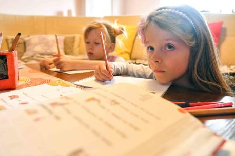 Ana and Kaja, 7-year-old twins from North Macedonia, have been learning at home since the government temporarily closed all schools in response to the spread of COVID-19.