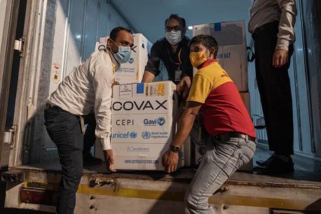 People Carrying COVAX Boxes