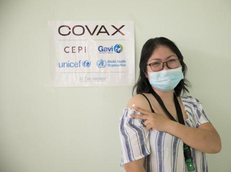 On March 10. 2021, Dr. Paula Syrah Esguerra, 37, fellow-in-training for maternal-fetal medicine at Dr. Jose Fabella Memorial Hospital in Manila, gets her first dose of the COVID-19 vaccine provided by the COVAX Facility. 